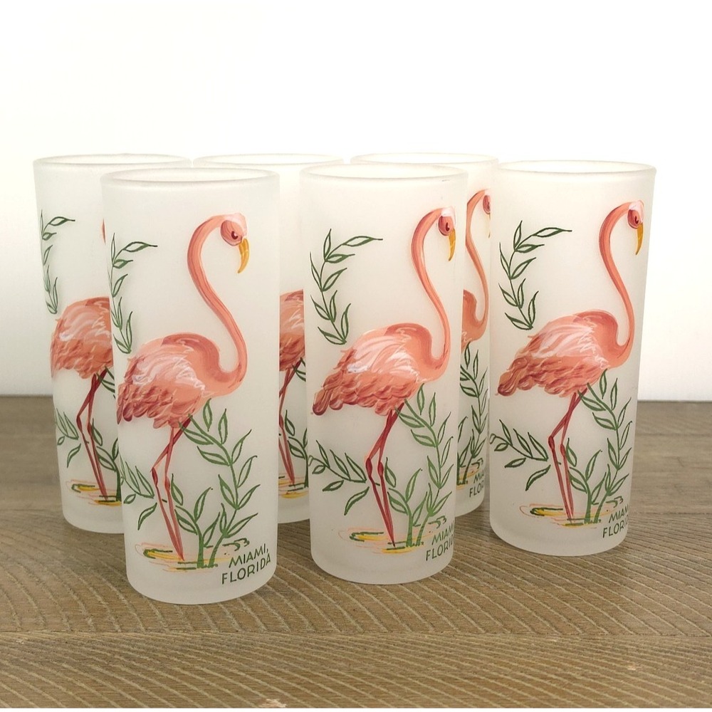 Set of 6 Vtg 60's Hand Painted Flamingo Collins Glasses Frosted 6"